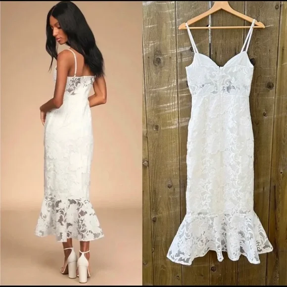 Ivory White Lace Trumpet Organza Midi Dress 🌿 - Picture 3 of 11